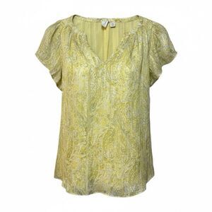 Joie Metallic Paisley V-Neck Blouse M • Boho Chic Flutter Sleeve Top Yellow Gold
